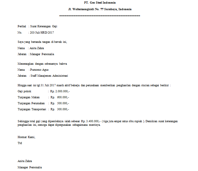 Detail Contoh Surat Keterangan Gaji Nomer 18