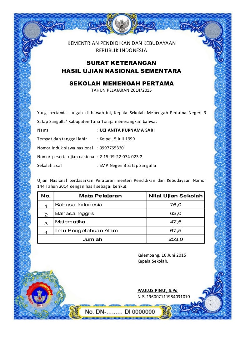 Detail Contoh Surat Keterangan Hasil Ujian Nasional Nomer 50