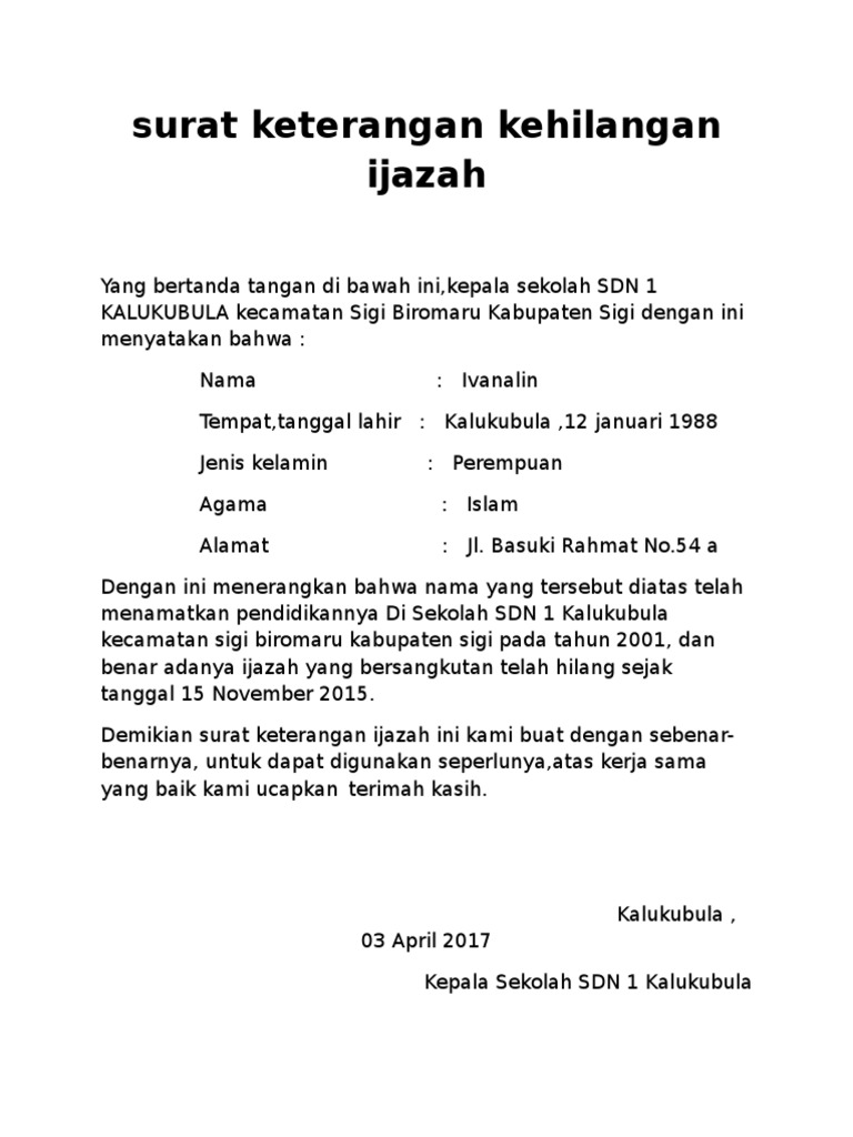 Contoh Surat Keterangan Hilang Ijazah - KibrisPDR