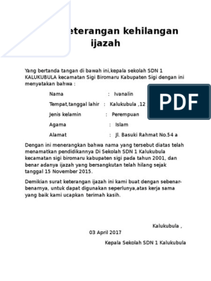 Detail Contoh Surat Keterangan Ijazah Hilang Dari Sekolah Nomer 4