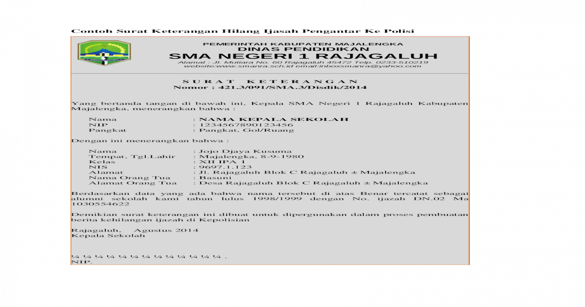 Detail Contoh Surat Keterangan Ijazah Hilang Dari Sekolah Nomer 54