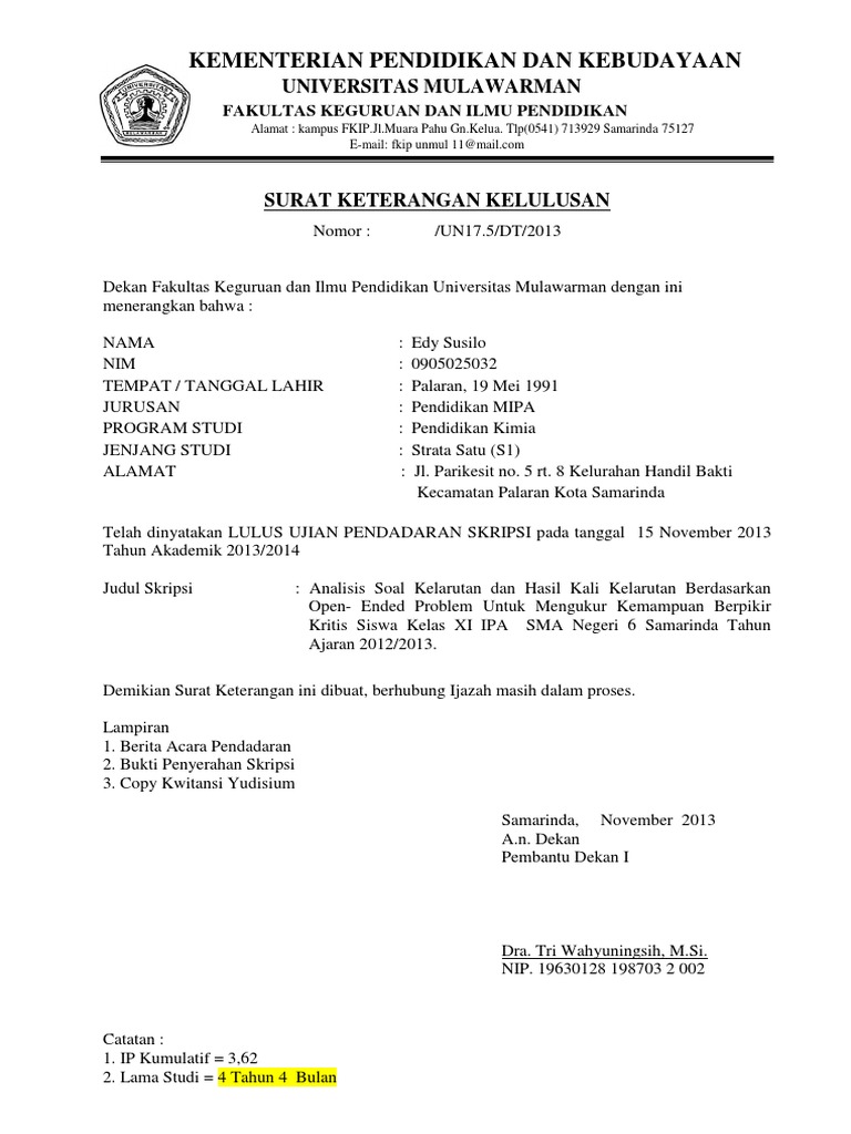 Detail Contoh Surat Keterangan Kelulusan Nomer 26