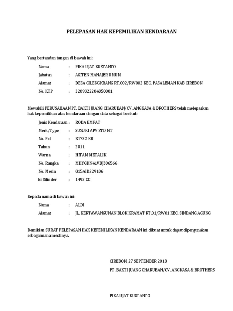 Detail Contoh Surat Keterangan Kepemilikan Kendaraan Nomer 32