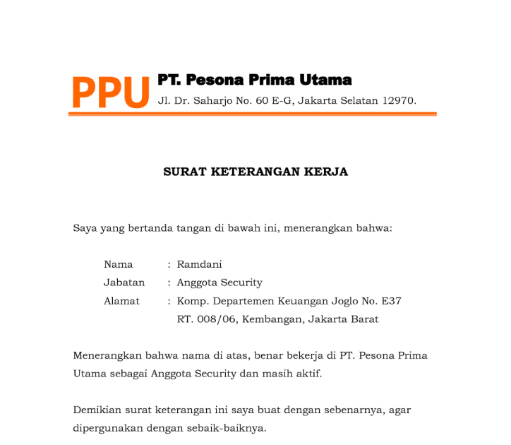 Contoh Surat Keterangan Kerja Aktif