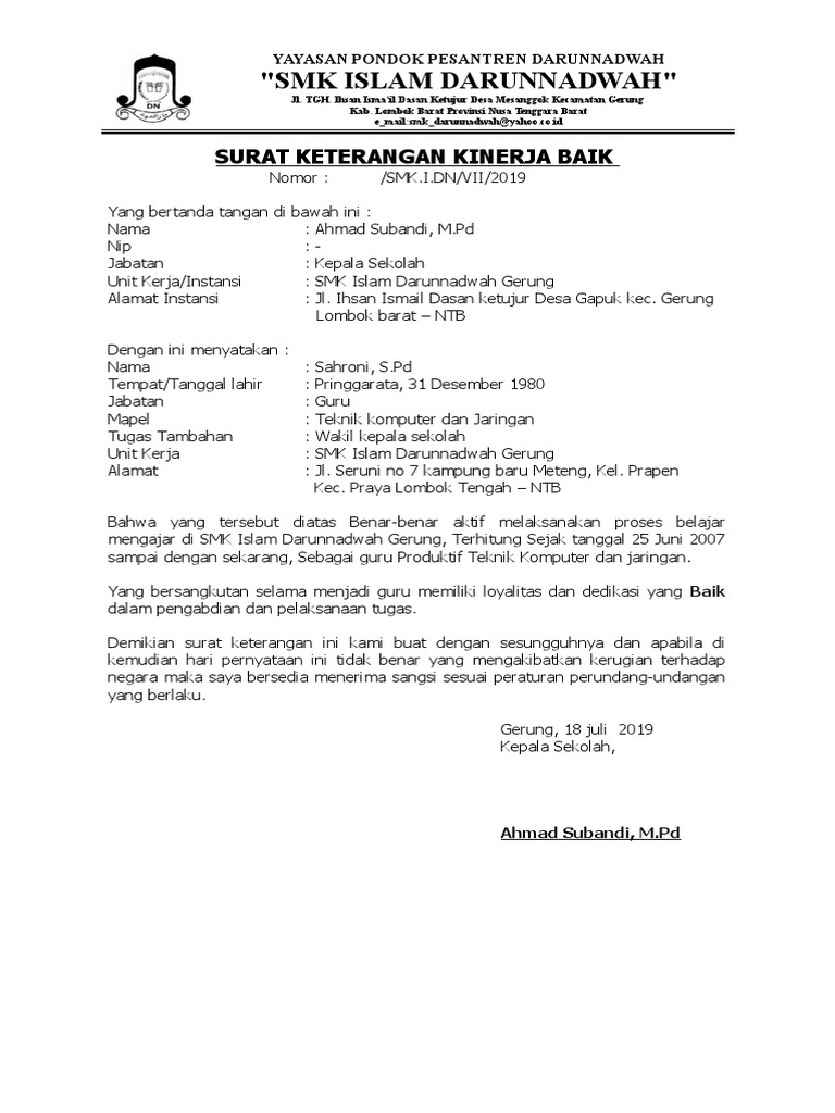 Detail Contoh Surat Keterangan Kinerja Baik Dari Kepala Sekolah Nomer 3