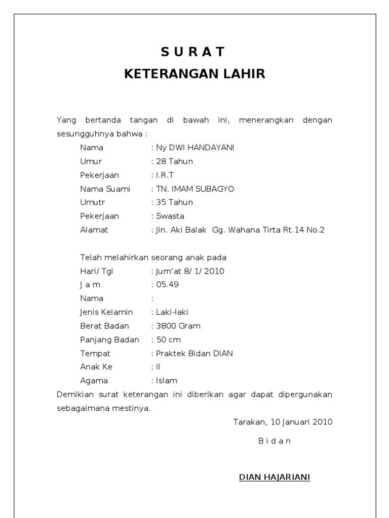 Detail Contoh Surat Keterangan Lahir Dari Bidan Doc Nomer 2