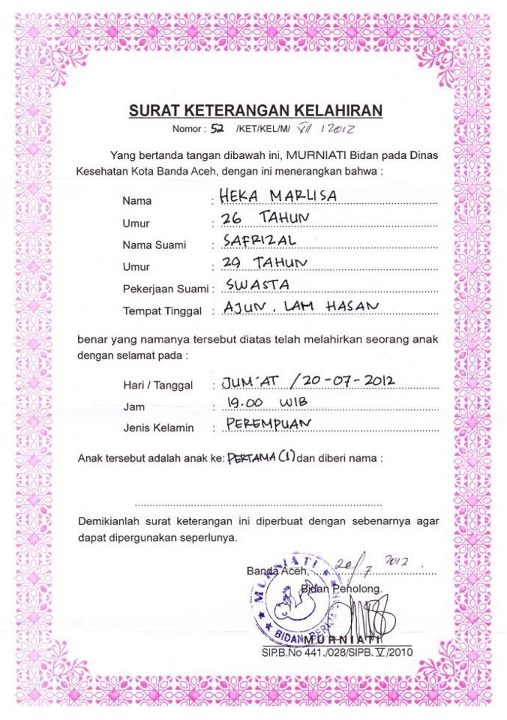 Detail Contoh Surat Keterangan Lahir Dari Bidan Doc Nomer 4