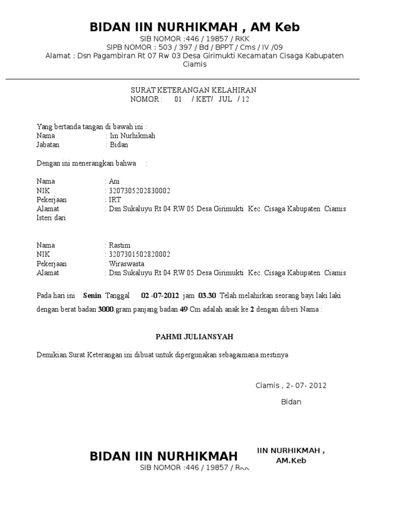 Detail Contoh Surat Keterangan Lahir Dari Bidan Doc Nomer 8