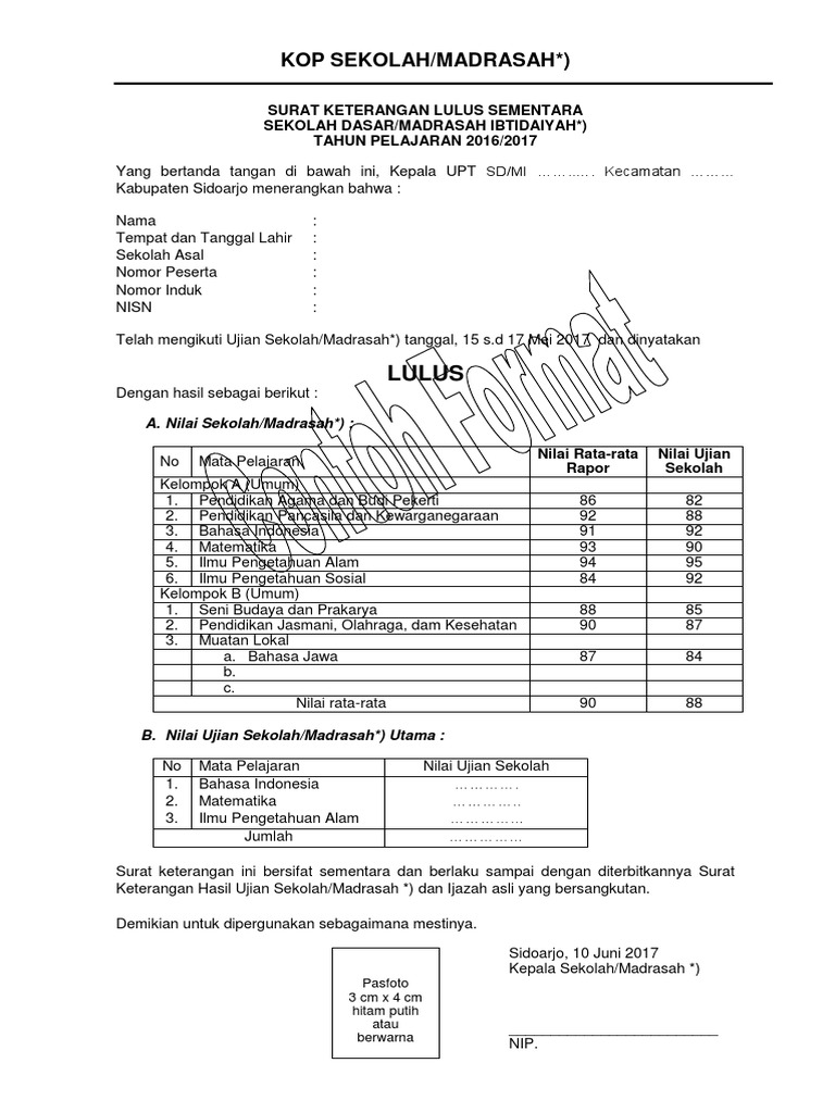 Detail Contoh Surat Keterangan Lulus Sd Koleksi Nomer 33