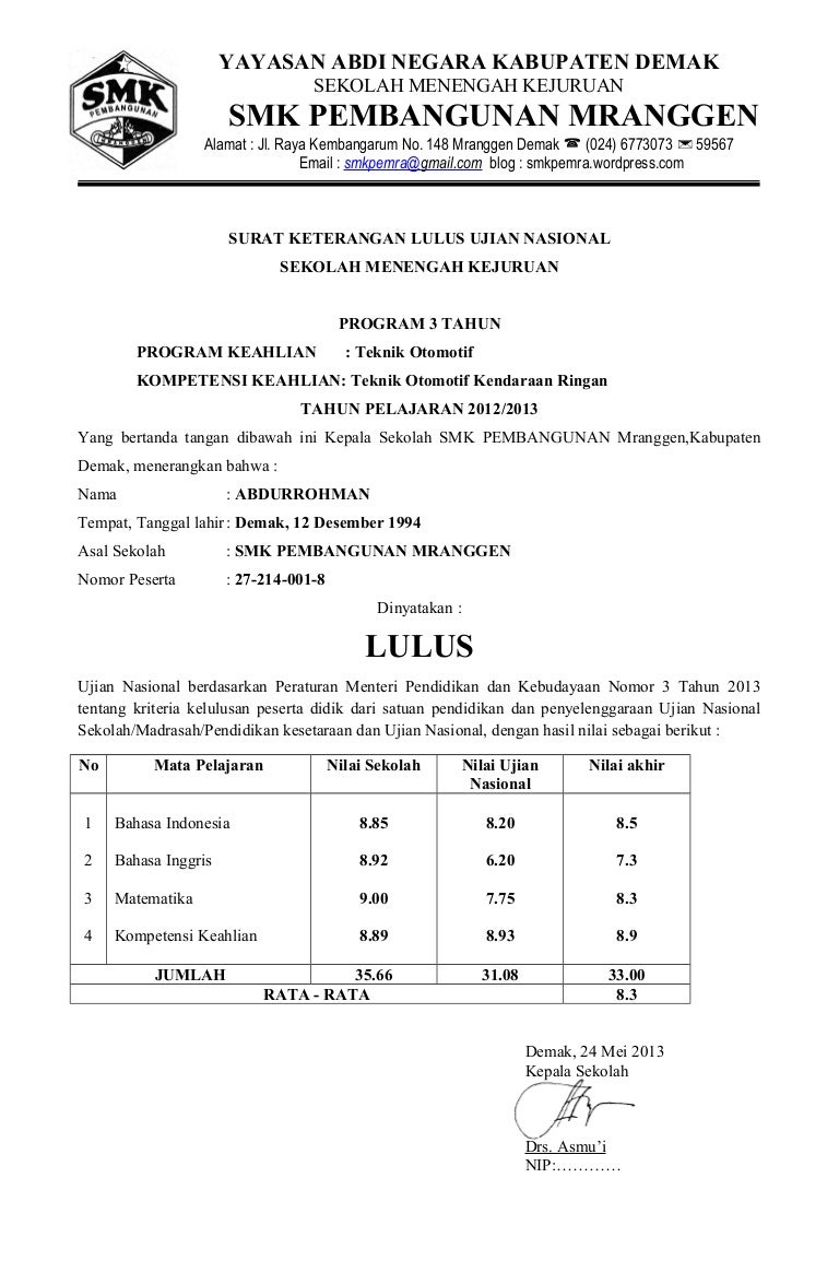 Detail Contoh Surat Keterangan Lulus Smk Nomer 23