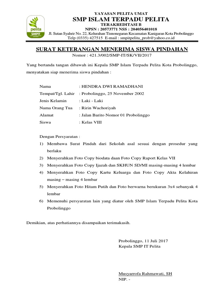 Detail Contoh Surat Keterangan Menerima Siswa Pindahan Nomer 2