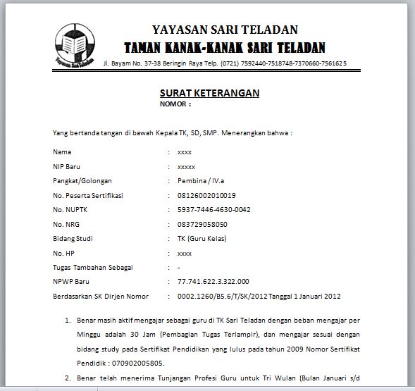 Detail Contoh Surat Keterangan Mengajar Paud Nomer 15