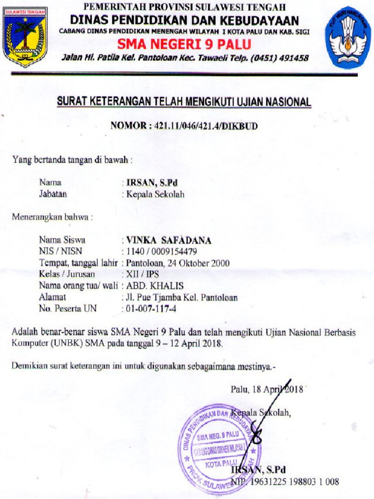 Detail Contoh Surat Keterangan Mengikuti Ujian Nasional Nomer 7