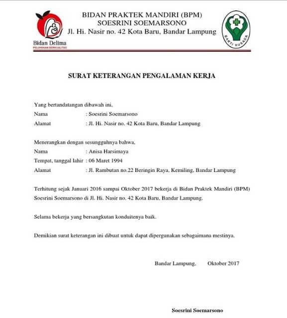 Contoh Surat Keterangan Pengalaman Kerja Bidan - KibrisPDR