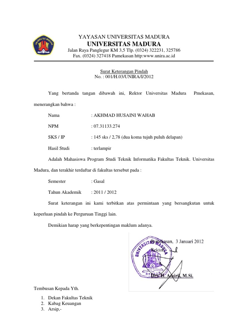 Contoh Surat Keterangan Pindah Kuliah 2010 - KibrisPDR