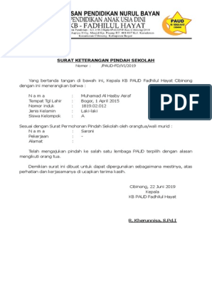 Detail Contoh Surat Keterangan Pindah Sekolah Tk Nomer 18