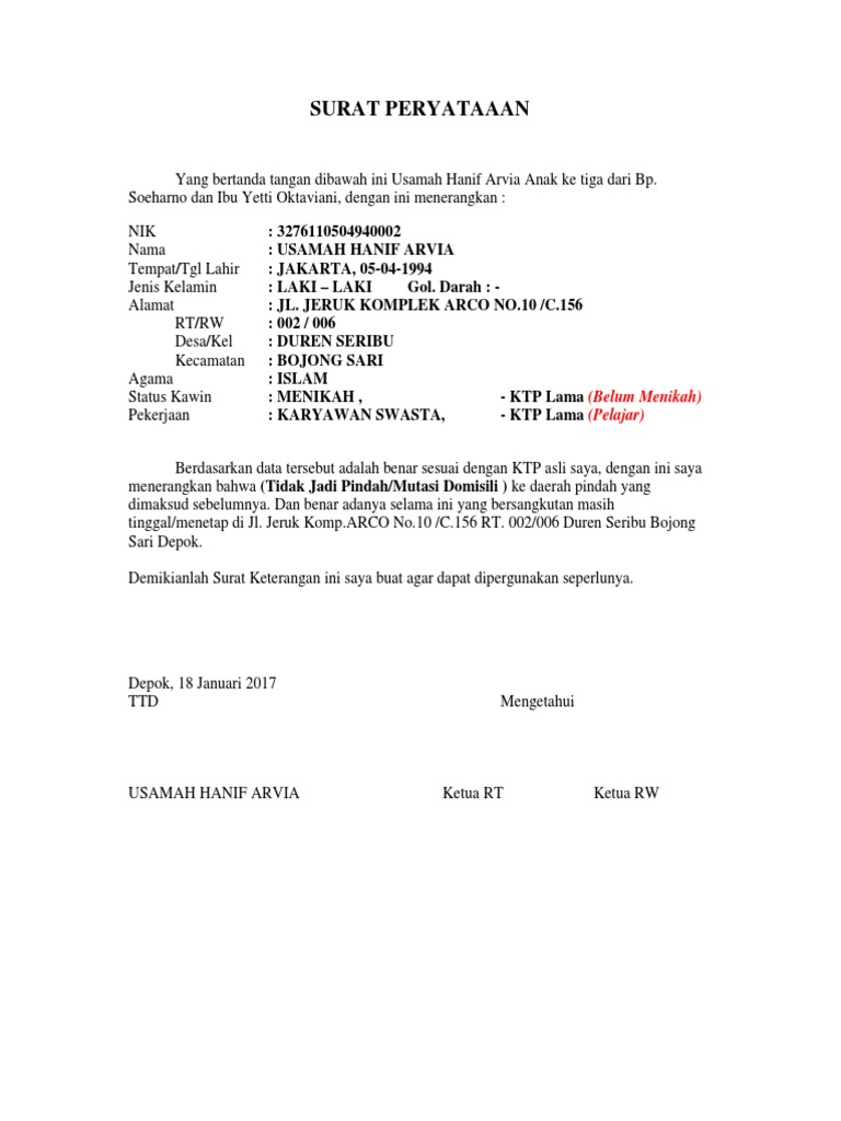 Detail Contoh Surat Keterangan Pindah Tempat Tinggal Nomer 12