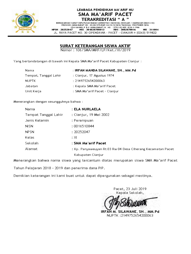 Detail Contoh Surat Keterangan Siswa Aktif Nomer 15