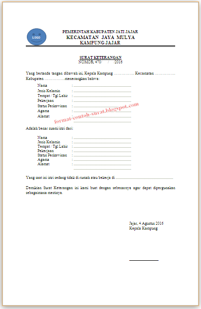 Contoh Surat Keterangan Suami Diluar Kota