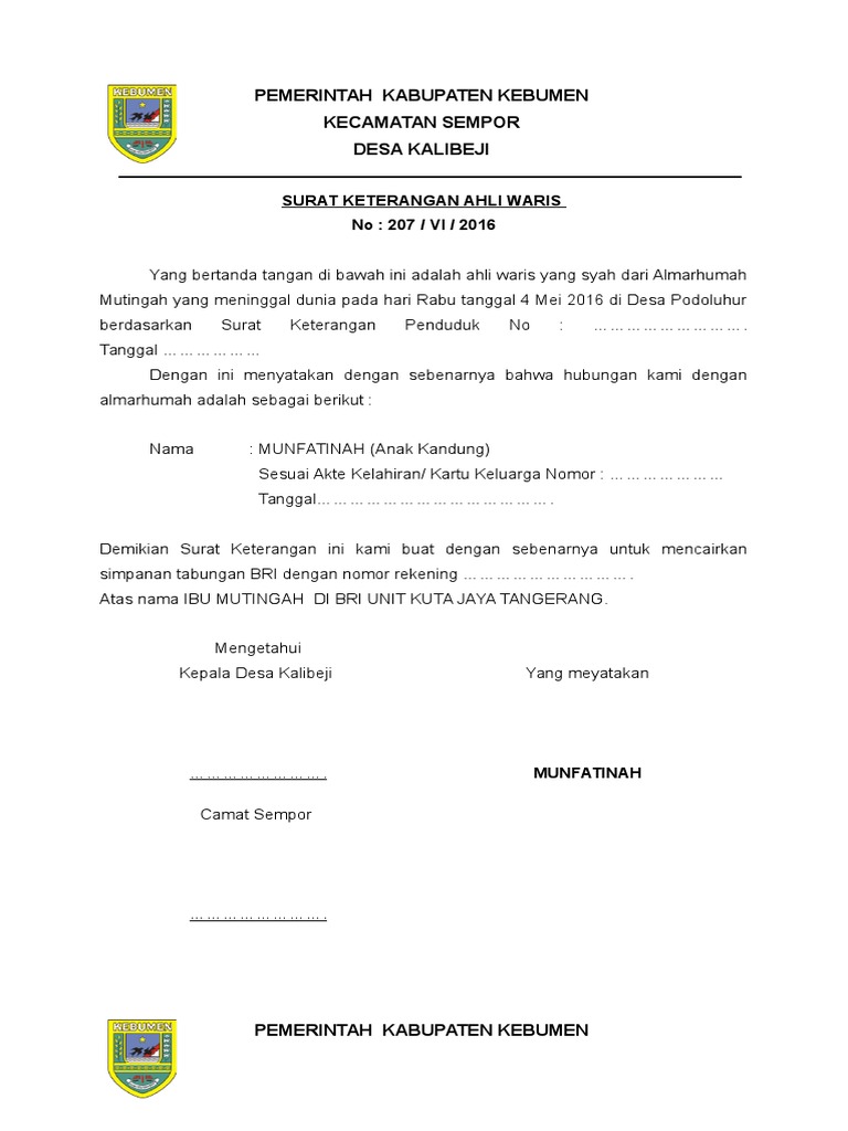 Detail Contoh Surat Keterangan Waris Dari Desa Nomer 19