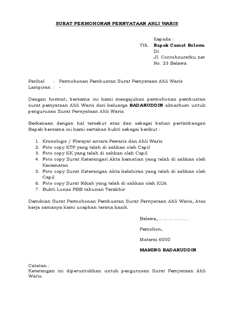 Detail Contoh Surat Keterangan Waris Dari Kecamatan Nomer 32