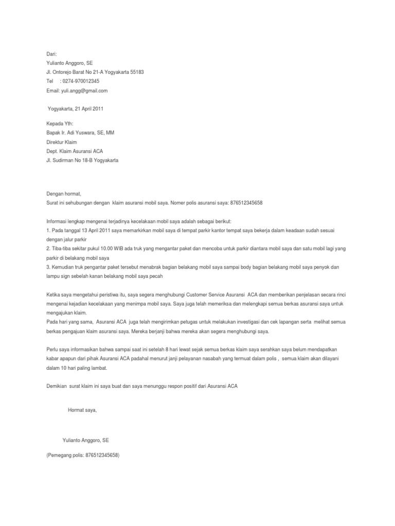 Contoh Surat Klaim Asuransi Mobil - KibrisPDR