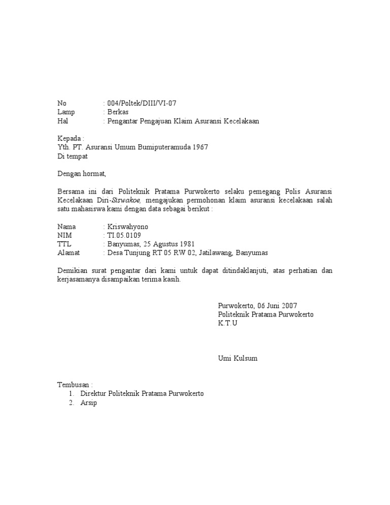 Detail Contoh Surat Klaim Asuransi Mobil Nomer 8