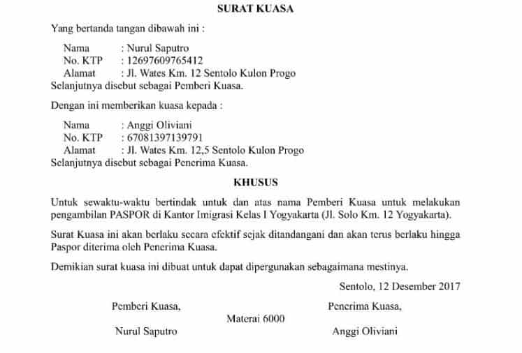 Detail Contoh Surat Kuasa Ambil Paspor Nomer 8