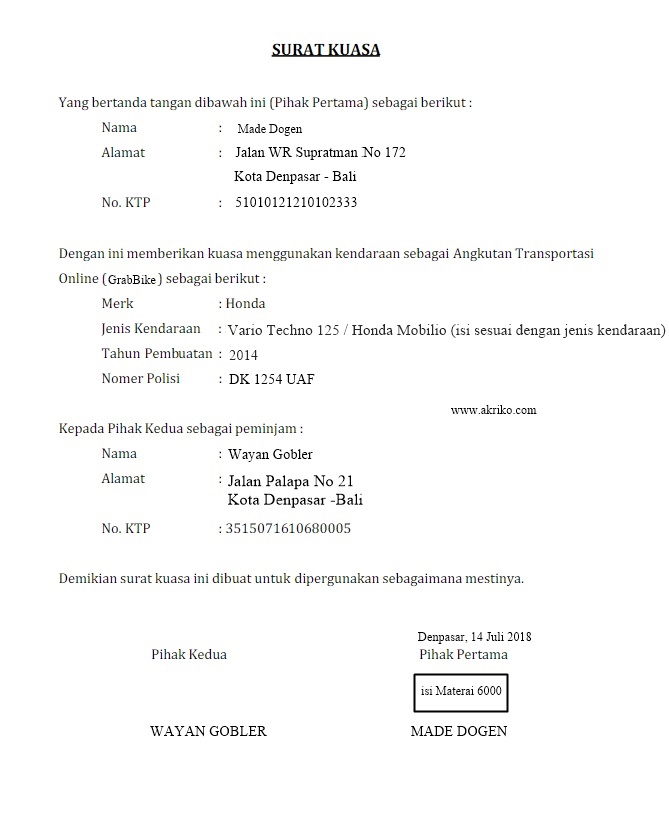 Detail Contoh Surat Kuasa Balik Nama Bpkb Motor Nomer 43