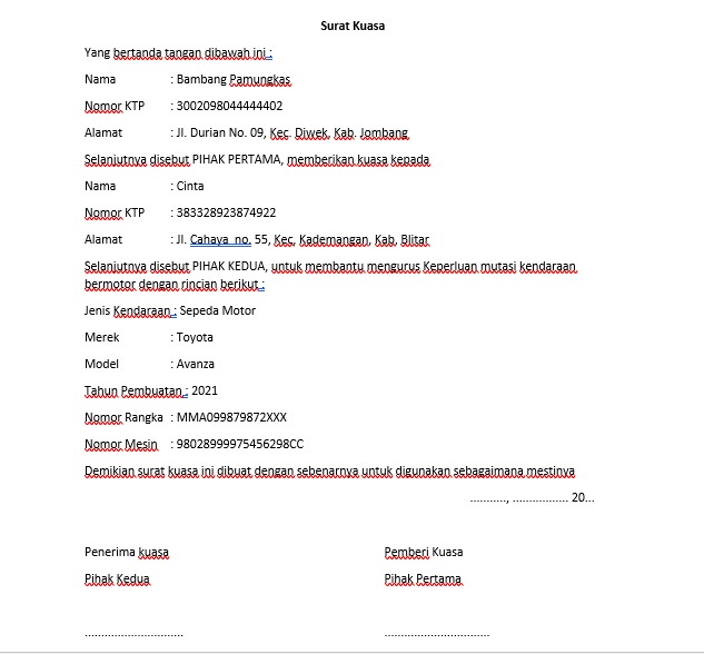 Detail Contoh Surat Kuasa Balik Nama Kendaraan Nomer 4