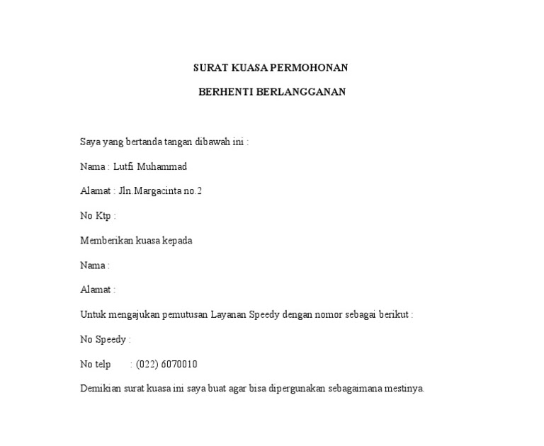 Detail Contoh Surat Kuasa Berhenti Berlangganan Indihome Nomer 5