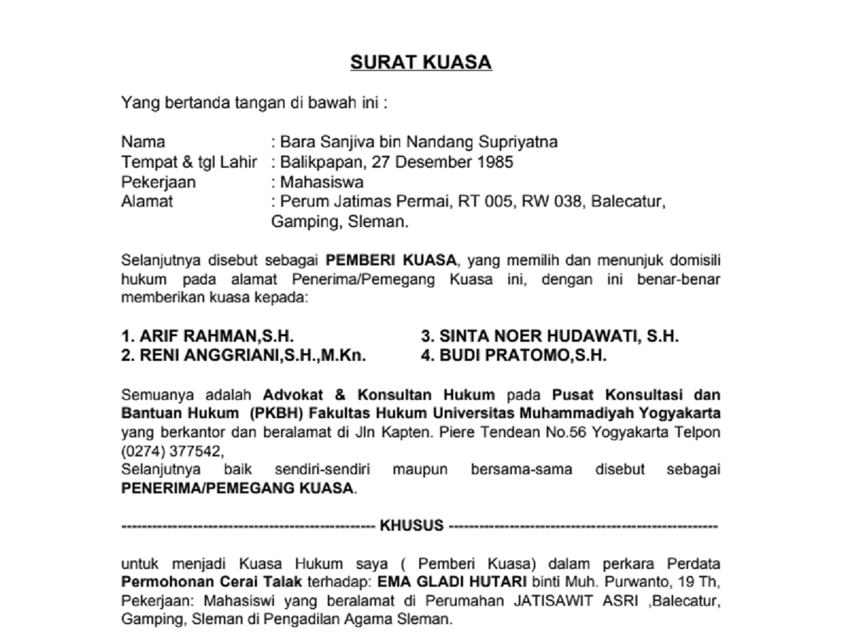 Detail Contoh Surat Kuasa Gugatan Cerai Pengadilan Agama 2018 Nomer 2