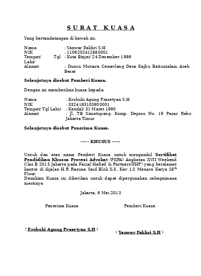 Detail Contoh Surat Kuasa Kasus Perdata Nomer 13