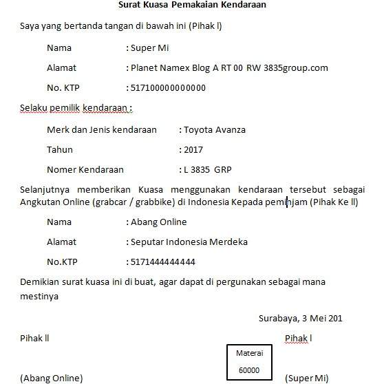 Detail Contoh Surat Kuasa Kendaraan Nomer 48