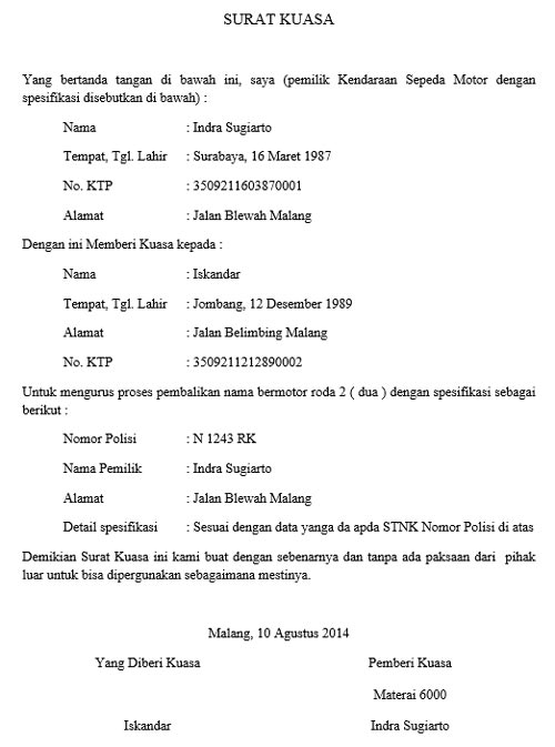 Detail Contoh Surat Kuasa Kendaraan Nomer 7