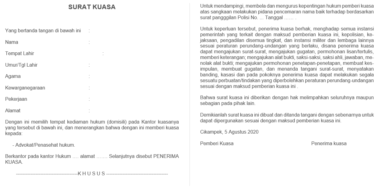 Detail Contoh Surat Kuasa Khusus Advokat Nomer 56