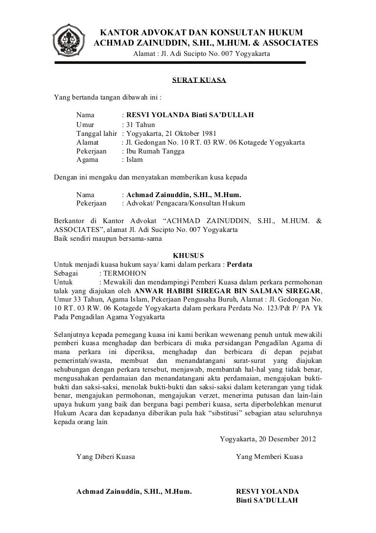 Detail Contoh Surat Kuasa Khusus Perkara Perdata Nomer 6