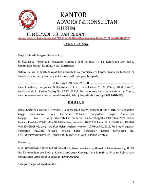 Detail Contoh Surat Kuasa Khusus Perkara Perdata Nomer 53