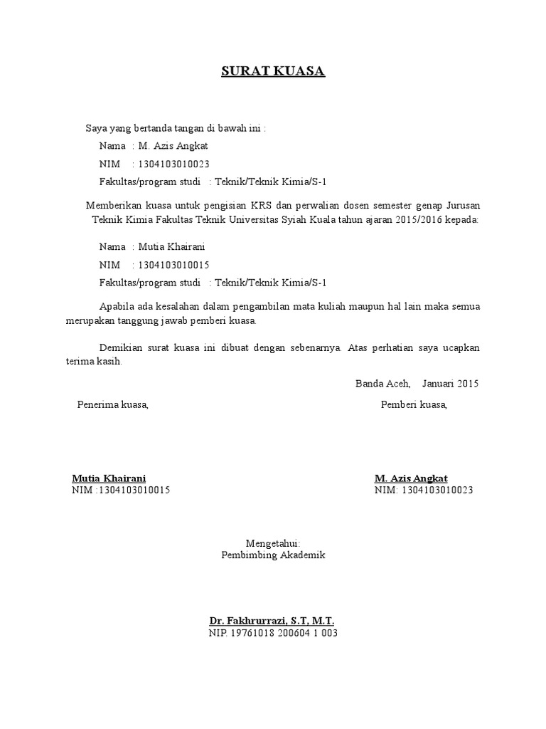 Detail Contoh Surat Kuasa Krs Mahasiswa Nomer 4