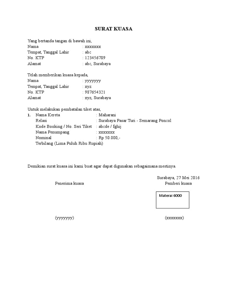 Detail Contoh Surat Kuasa Pembatalan Tiket Nomer 3