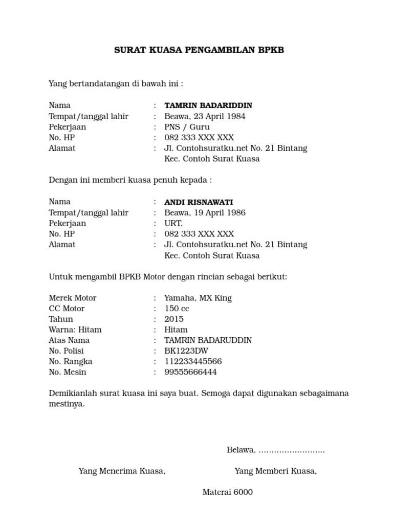 Detail Contoh Surat Kuasa Pembayaran Pajak Motor Nomer 16