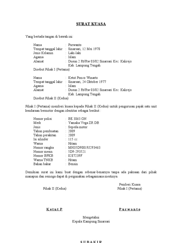 Detail Contoh Surat Kuasa Pembayaran Pajak Motor Nomer 10