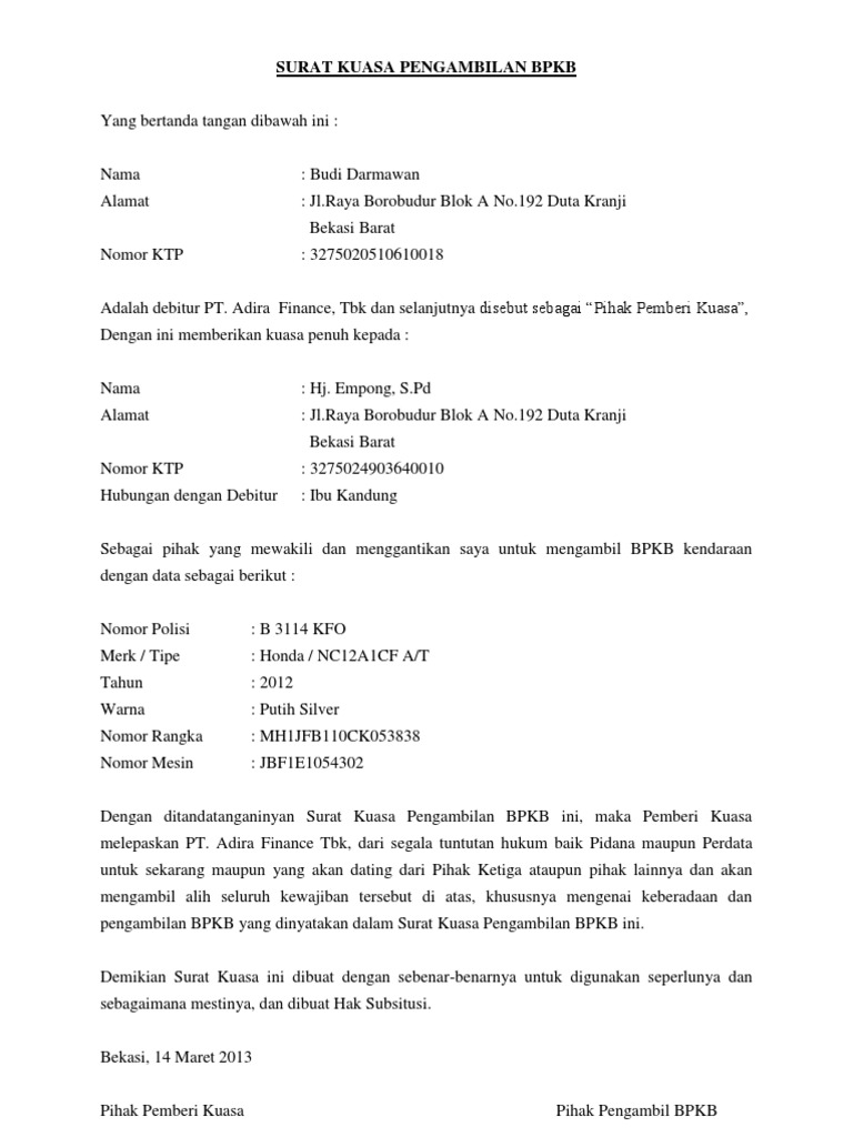 Detail Contoh Surat Kuasa Pengambilan Bpkb Adira Finance Nomer 6