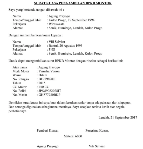 Detail Contoh Surat Kuasa Pengambilan Bpkb Dengan Materai Nomer 13