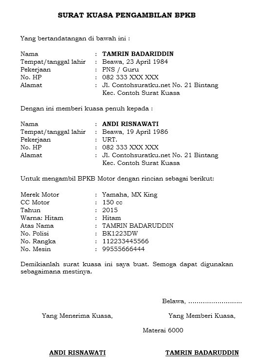 Detail Contoh Surat Kuasa Pengambilan Bpkb Dengan Materai Nomer 24