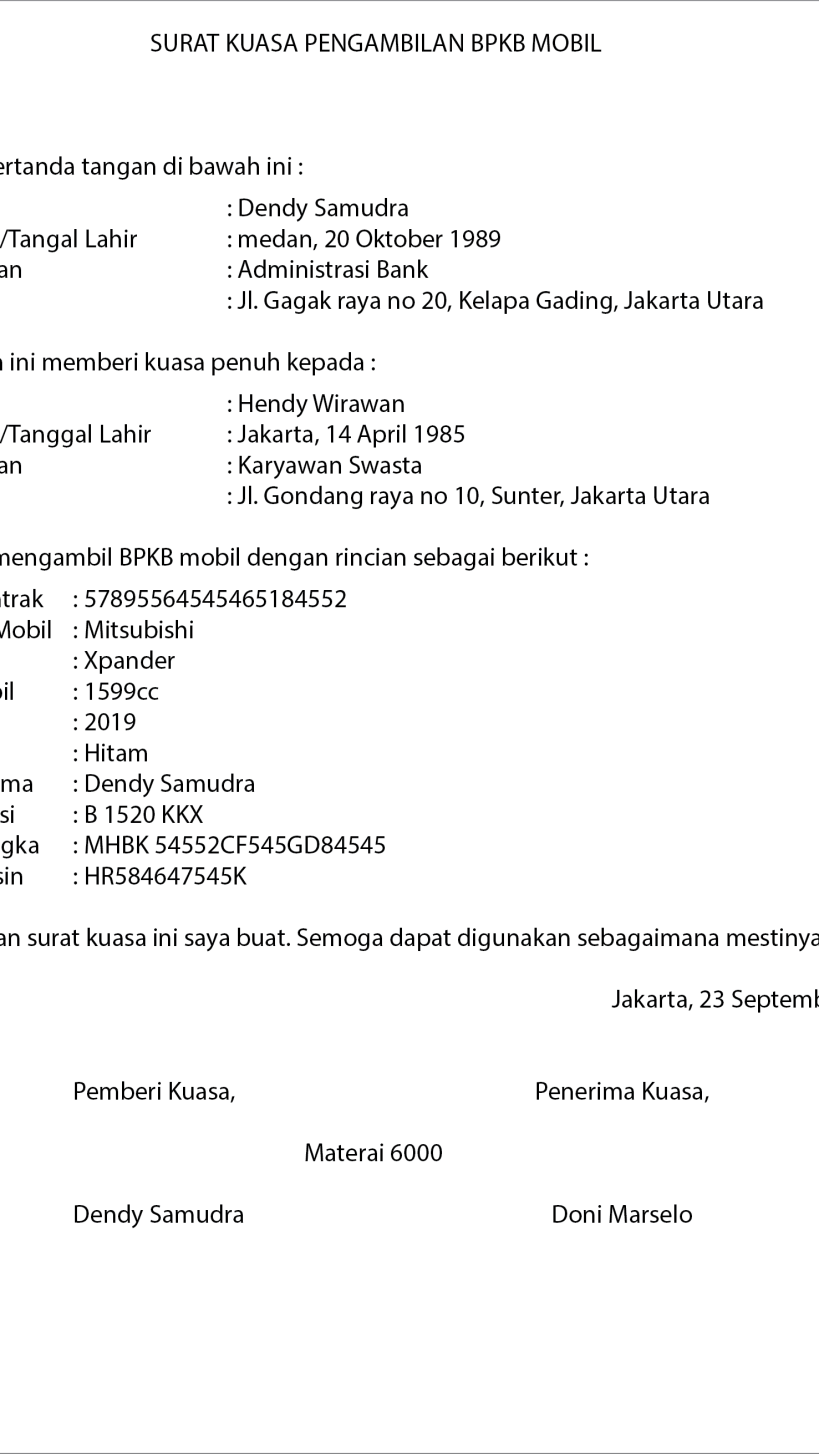 Detail Contoh Surat Kuasa Pengambilan Bpkb Dengan Materai Nomer 42