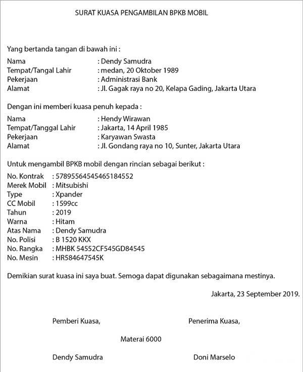 Detail Contoh Surat Kuasa Pengambilan Bpkb Di Leasing Nomer 3