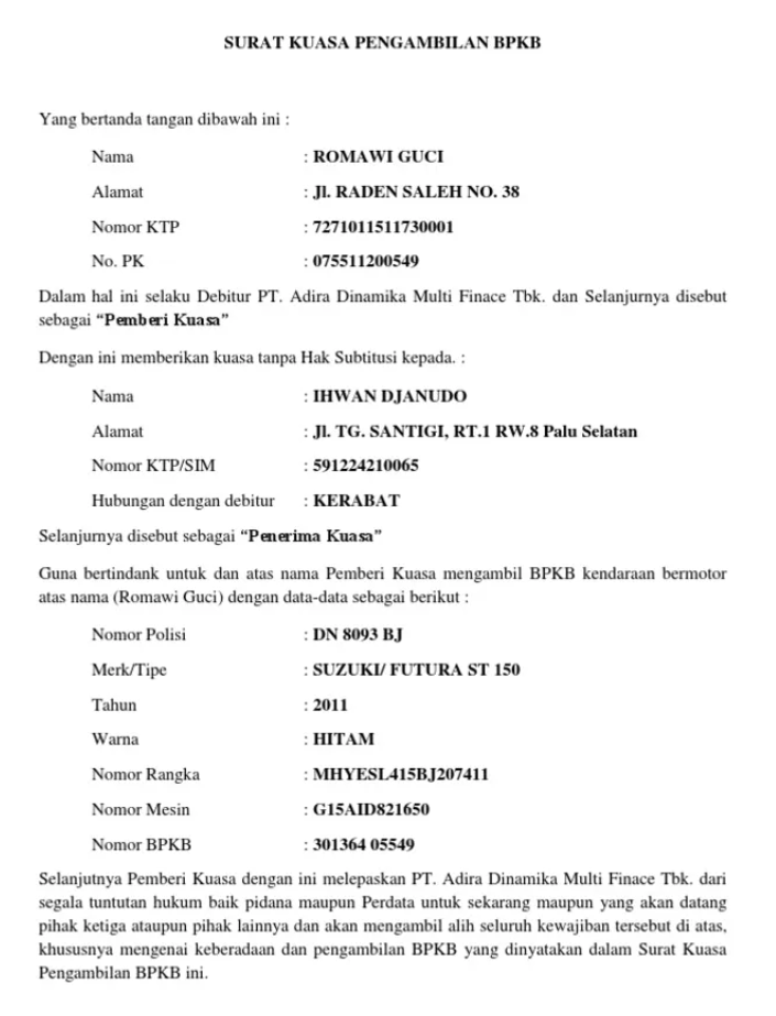 Detail Contoh Surat Kuasa Pengambilan Bpkb Di Leasing Nomer 46