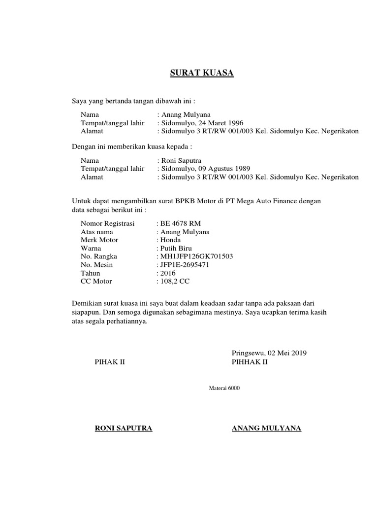 Detail Contoh Surat Kuasa Pengambilan Bpkb Doc Nomer 26