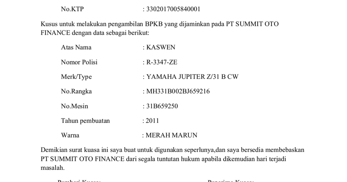 Detail Contoh Surat Kuasa Pengambilan Bpkb Doc Nomer 48